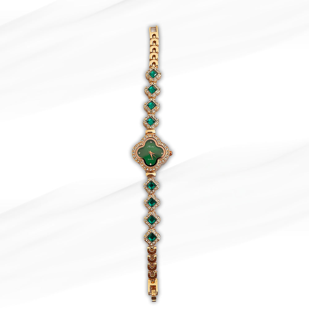 Shohd Green Elegant Clover-Shaped Gold-Plated Women’s Watch with Green Crystal Accents