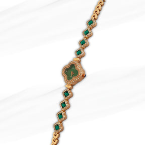 Shohd Green Elegant Clover-Shaped Gold-Plated Women’s Watch with Green Crystal Accents