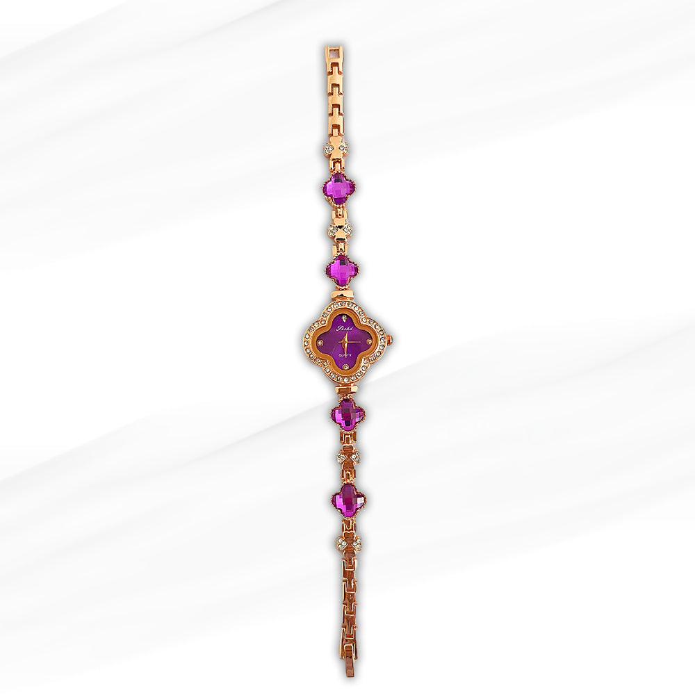 Shohd Clover-Shaped Purple Dial Women’s Watch with Gold-Plated Bracelet and Crystal Accents