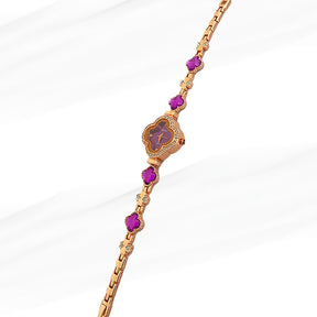 Shohd Clover-Shaped Purple Dial Women’s Watch with Gold-Plated Bracelet and Crystal Accents