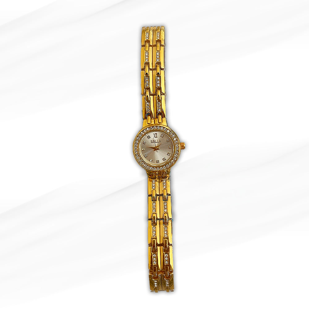 Bella Gold-Plated Women’s Watch with Crystal-Studded Bracelet – Elegant Timepiece