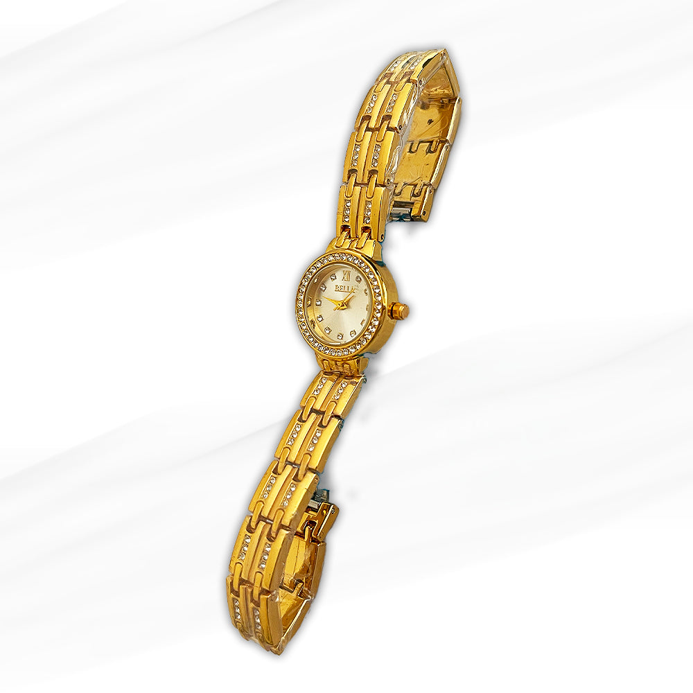 Bella Gold-Plated Women’s Watch with Crystal-Studded Bracelet – Elegant Timepiece