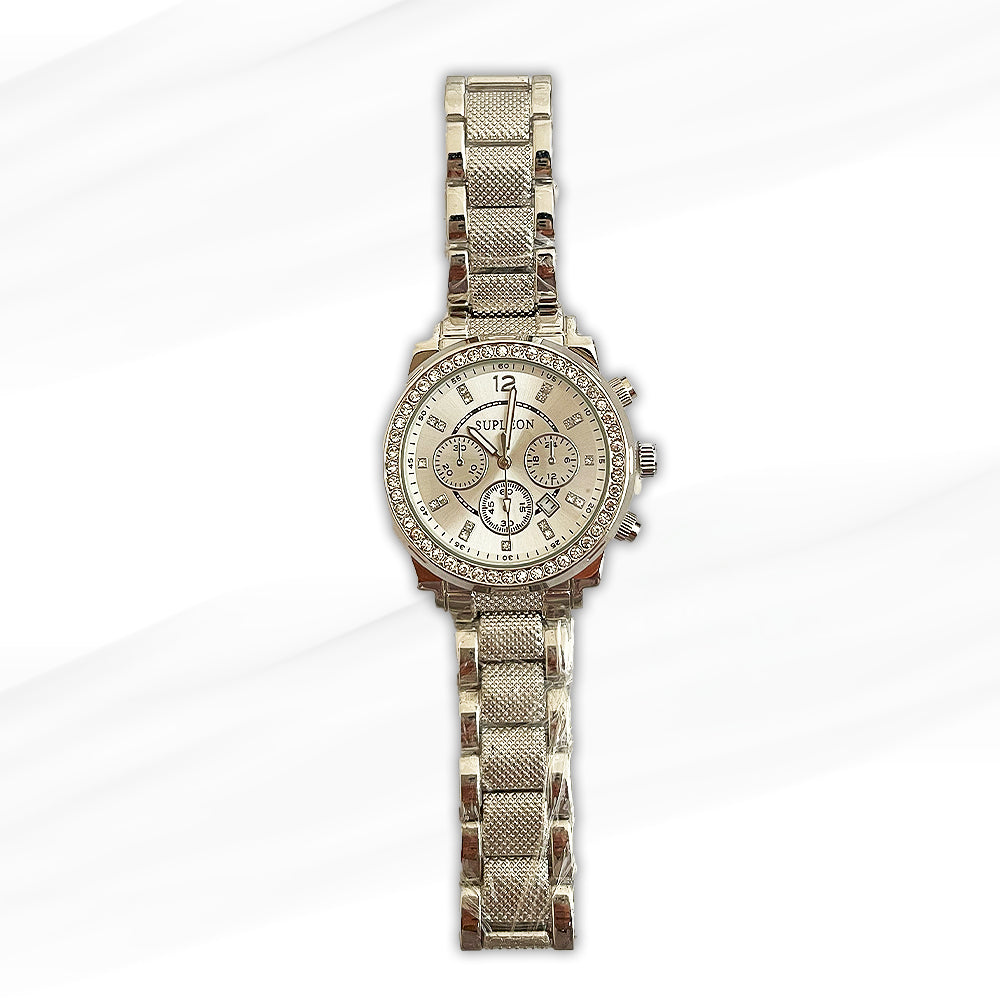 Supleon Silver Chronograph Women's Watch with Crystal-Studded Bezel