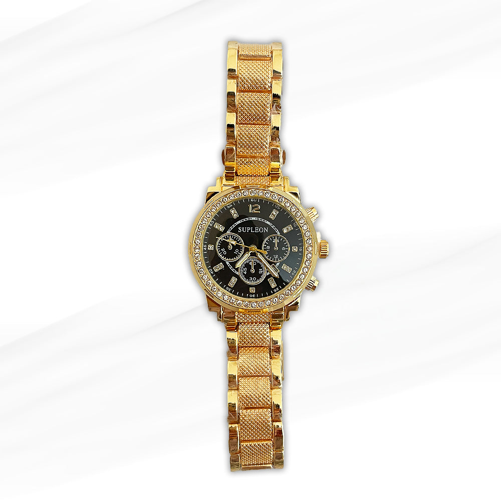 Supleon Gold Chronograph Women's Watch with Black Dial and Crystal Accents