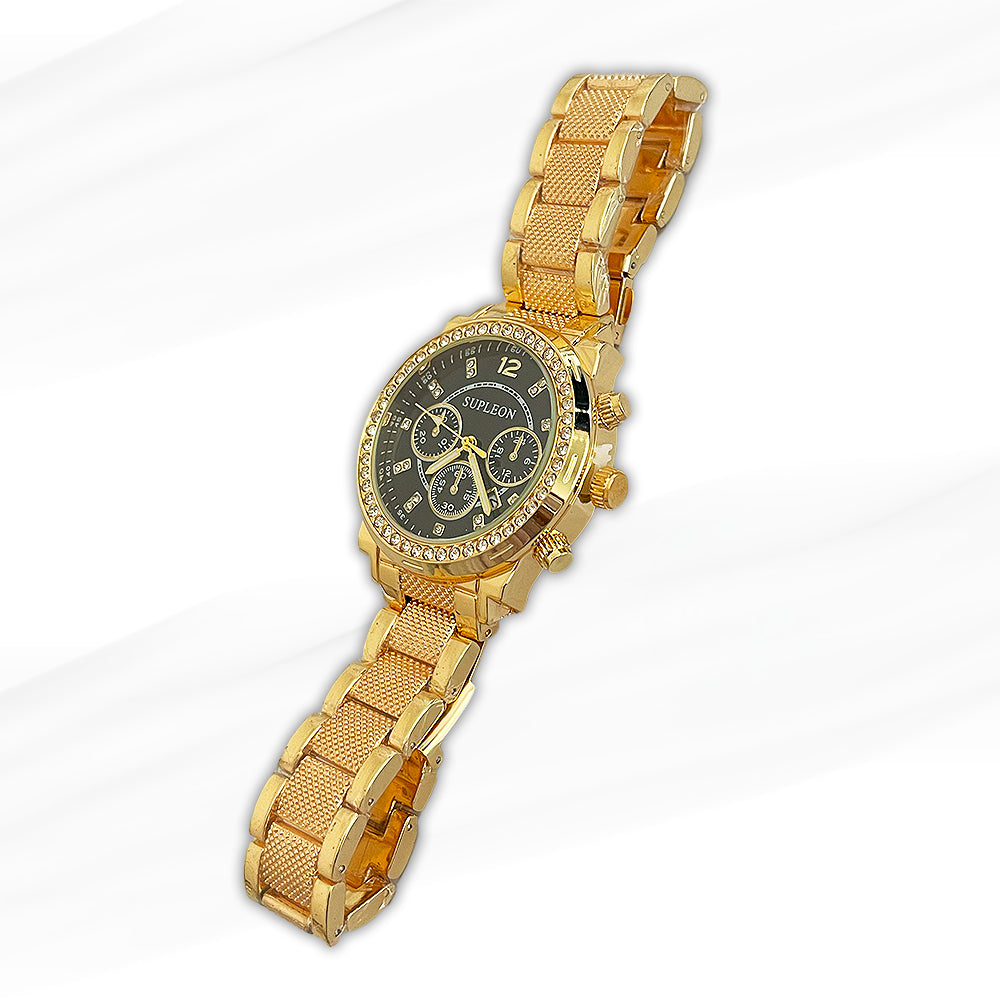 Supleon Gold Chronograph Women's Watch with Black Dial and Crystal Accents