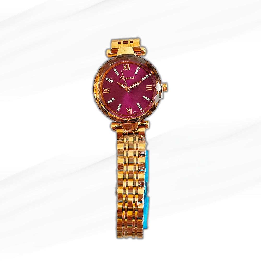 Saneesi Luxury Gold-Plated Women’s Watch with Ruby Red Dial and Crystal Markers