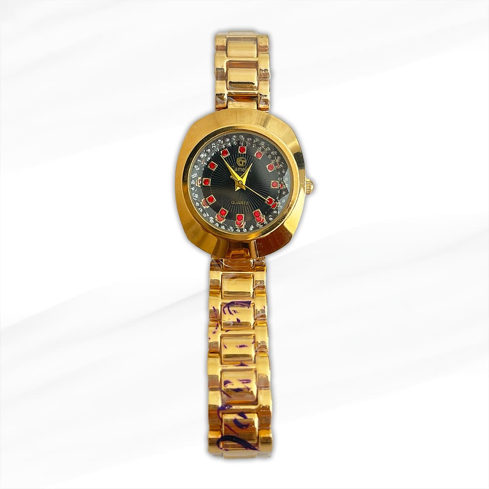 Camelot Gold-Plated Women’s Luxury Watch with Black Dial and Red Gem Accents