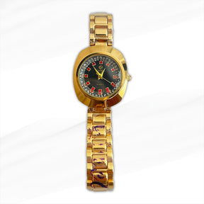 Camelot Gold-Plated Women’s Luxury Watch with Black Dial and Red Gem Accents